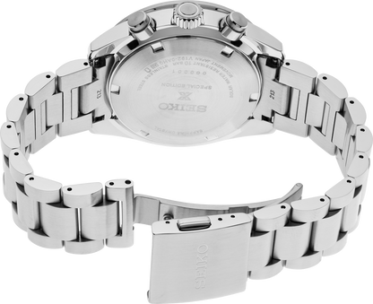 Seiko Prospex Speedtimer SSC931 caseback showing stainless steel bracelet and case back
