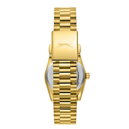 Caseback view of Slazenger Classic gold watch showing case and bracelet