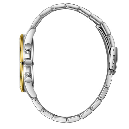 Side profile of Slazenger watch displaying two-tone case and stainless steel strap