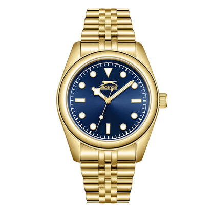 Slazenger gold watch with navy blue dial and three hands, front view