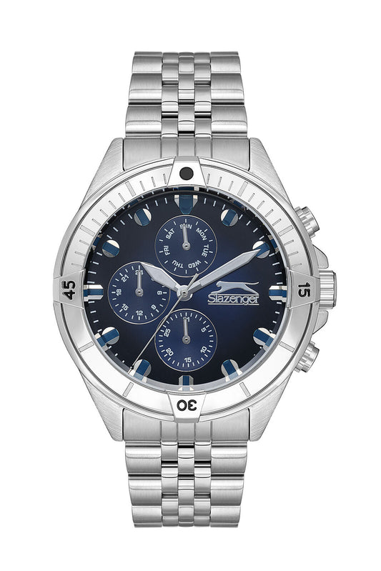 Slazenger Sport silver stainless steel multifunction watch with dark blue dial and chronograph subdials