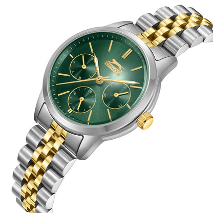 Two-tone stainless steel bracelet with green dial and gold chronograph hands