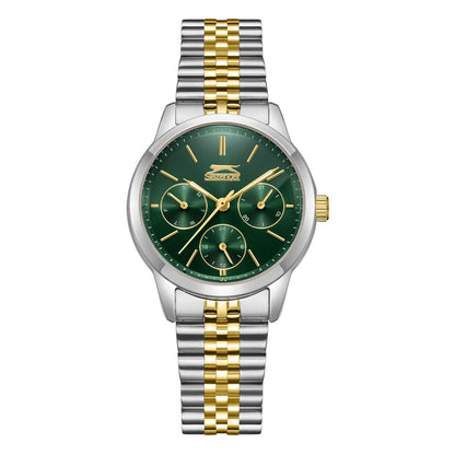 Slazenger Sport two-tone watch with green dial and multifunction chronograph subdials