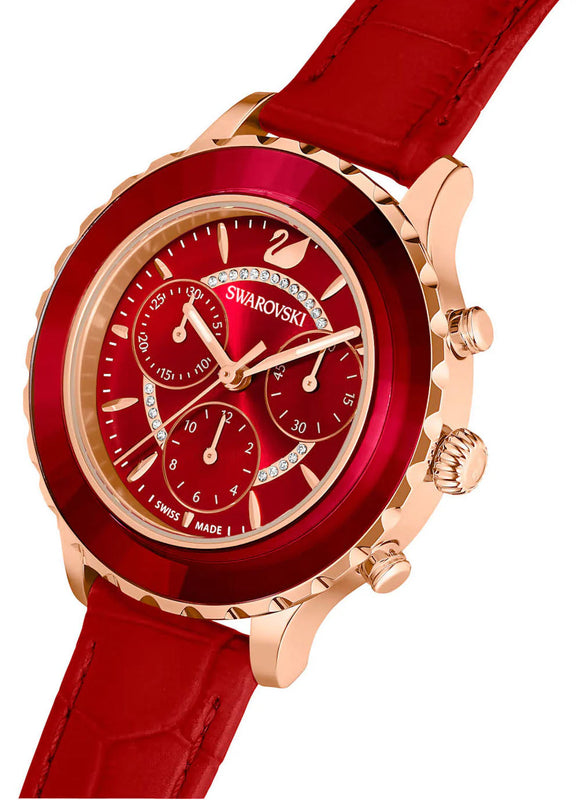 Swarovski Octea Lux Chrono Faceted Crystal Bezel Red Dial Rose Gold Tone Women's Watch 5646975