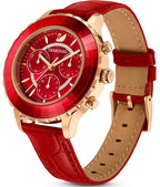 Swarovski Octea Lux Chrono Faceted Crystal Bezel Red Dial Rose Gold Tone Women's Watch 5646975