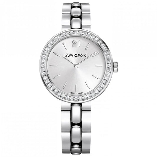 Swarovski Octea Sport watch with white dial, faceted crystal bezel, and stainless steel bracelet