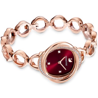 Swarovski Crystalline Aura Pave Ring Burgundy Dial Rose Gold Tone Women's Watch 5552783