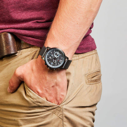 Tommy Hilfiger chronograph watch worn on wrist with black strap