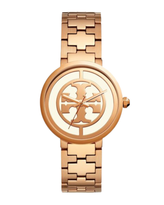 Tory Burch Reva rose gold-tone stainless steel bracelet watch with logo dial