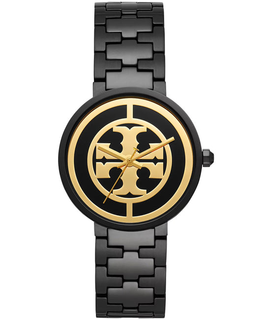 Tory Burch Reva women's watch with black case, gold logo dial, and black stainless steel bracelet