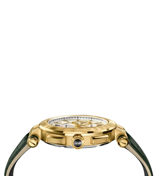Side view of Versace Aion chronograph watch showing gold case and green leather strap