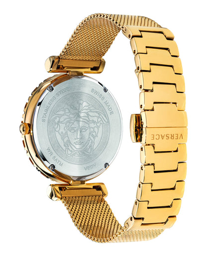 Side view of Versace Empire Greca gold watch with caseback visible and mixed strap design