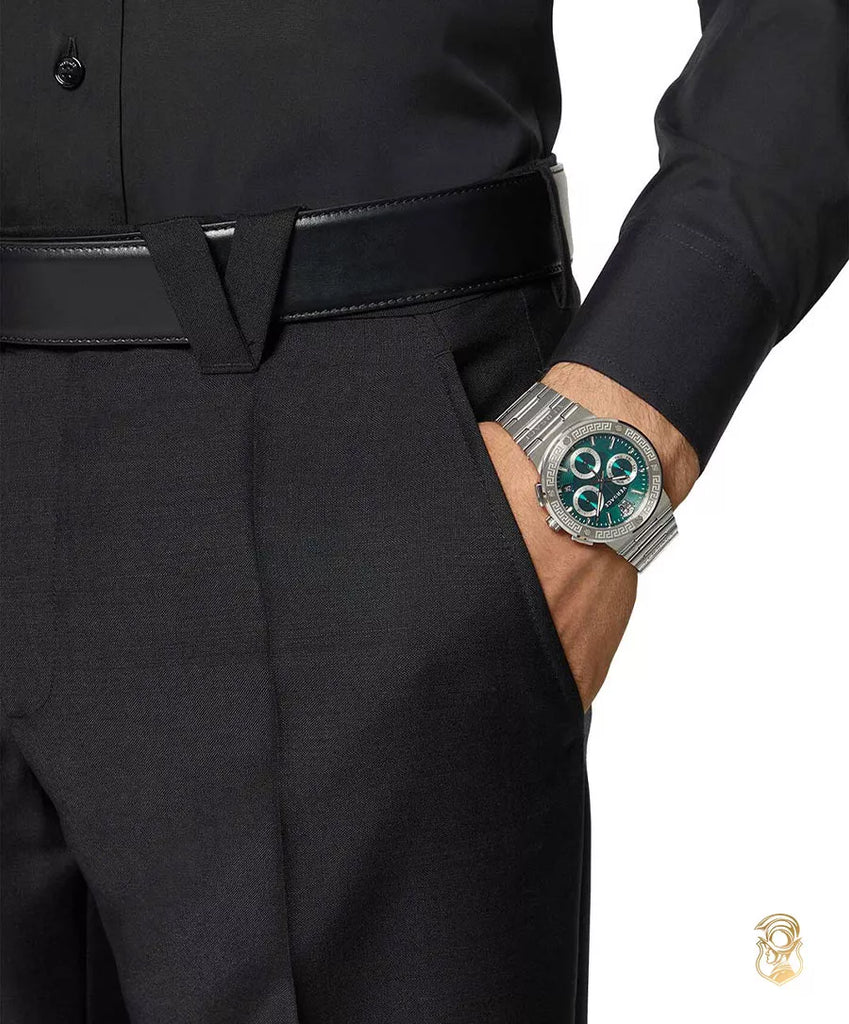 Versace Greca Logo Chrono Green Dial Silver Steel Strap Men's Watch - VEZ900121