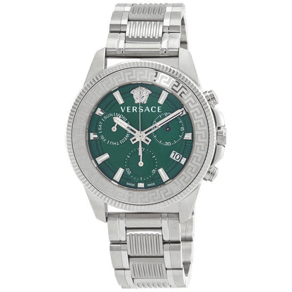 Versace men's stainless steel watch with a green dial, featuring the brand's Medusa logo and a silver-tone link bracelet on a white background.
