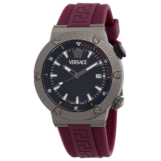 Versace Greca 43mm Black Dial Burgundy Silicone Men's Watch VE8G00224
