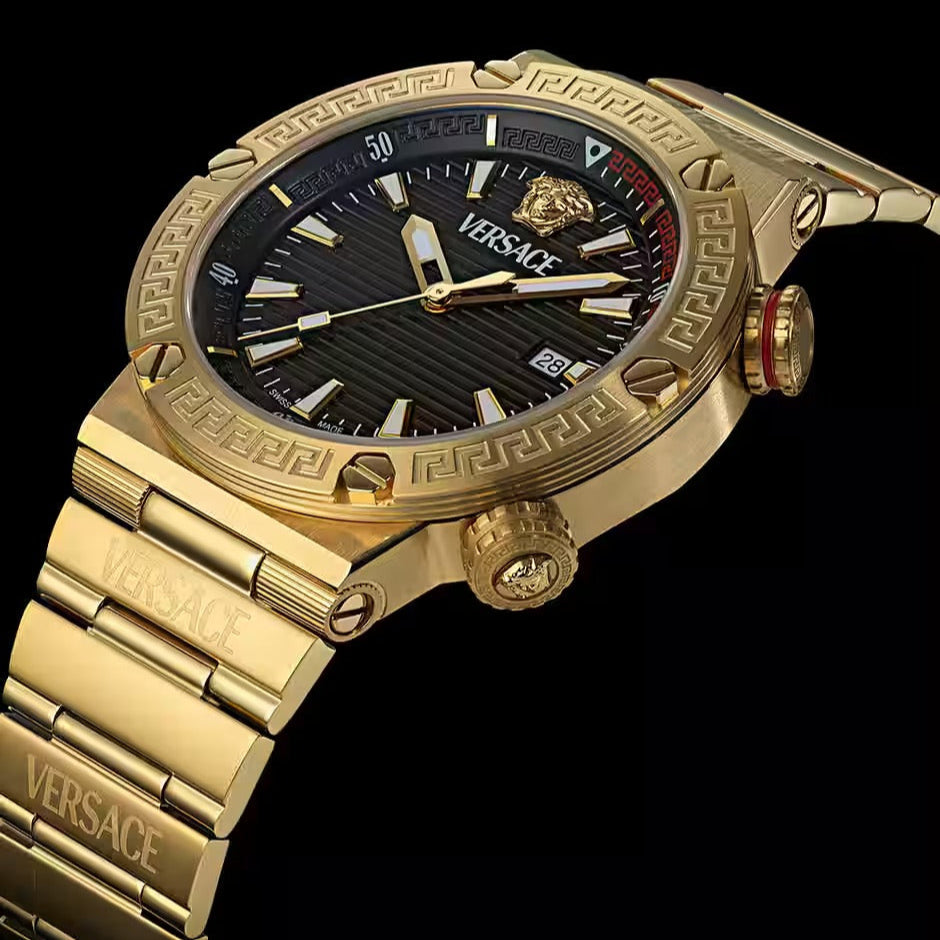 Versace Greca Logo Quartz Black Dial Gold Steel Strap Watch for Men - VE8G00624