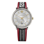 Versace V Circle Silver Dial Two-Tone Leather Strap Swiss Movt Watch - VEBQ01319