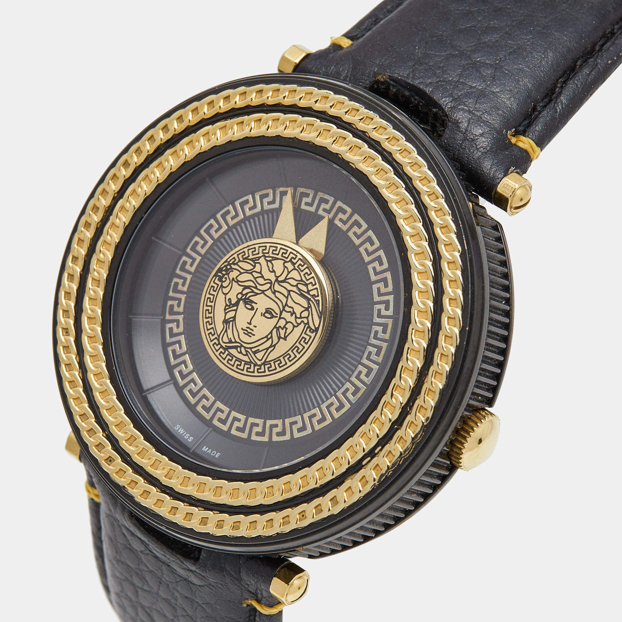 Versace V-Metal Icon Round Black Leather Strap Men's Watch - VQL030015 Secundaire afbeelding
