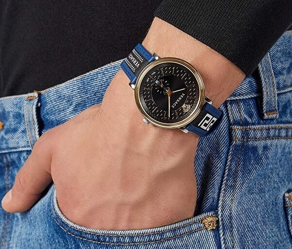 Versace V-Circle 42mm Black Dial Blue Leather Men's Watch VEBQ01419