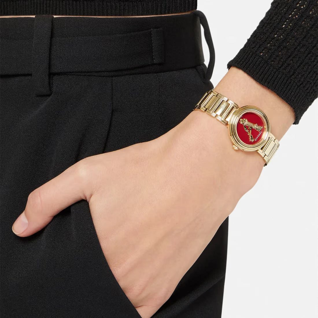 Versace Virtus 28mm Red Dial Gold-Tone Women's Watch VET300321