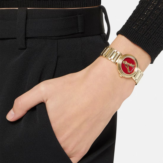Versace Virtus 28mm Red Dial Gold-Tone Women's Watch VET300321