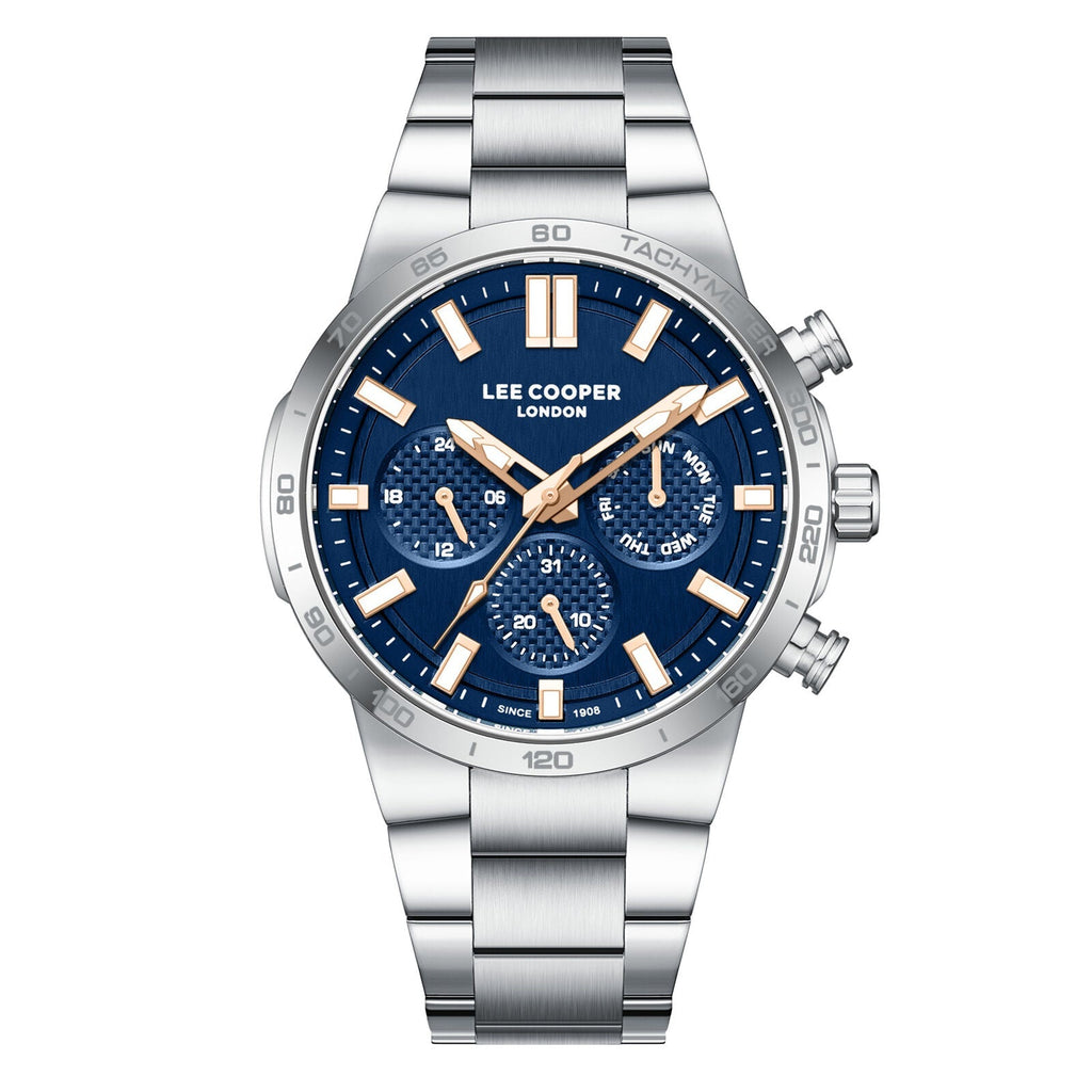 Lee Cooper Multifunction Blue Dial Gold Hands Silver Men's Watch - LC08293.390
