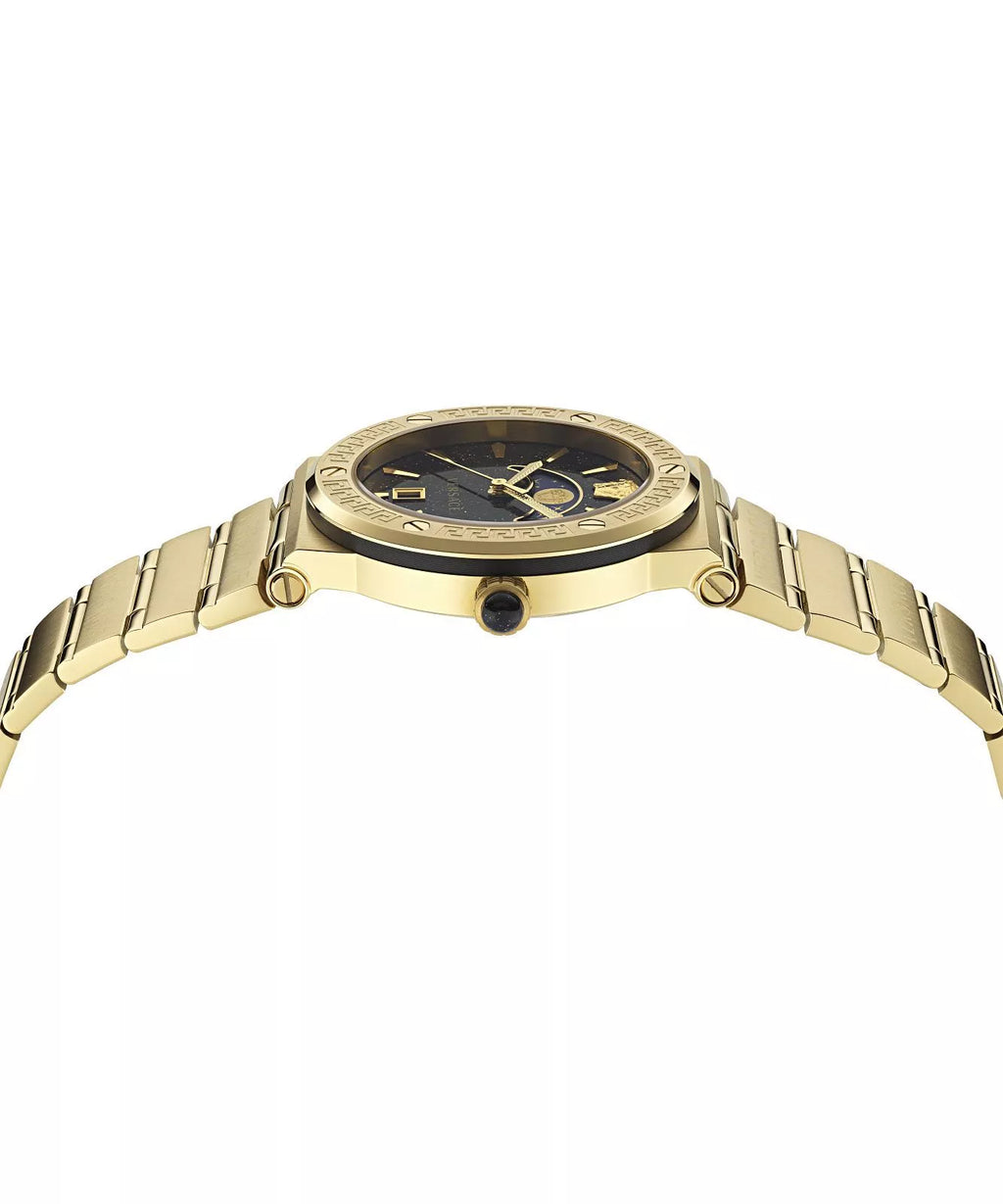 Versace Greca Logo Moonphase Black Dial All Gold Swiss Movt Watch - VE7G00323